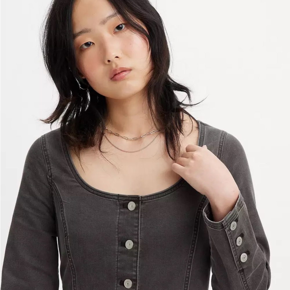 Levi's Veda Charcoal Long Sleeve Denim Mini Dress Sz Large EUC Grunge Alt - Picture 6 of 13